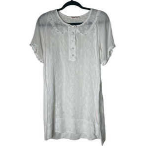 Johnny Was Sheer White Eyelet Button Tunic Top Women's Small Ruffles Silver a13
